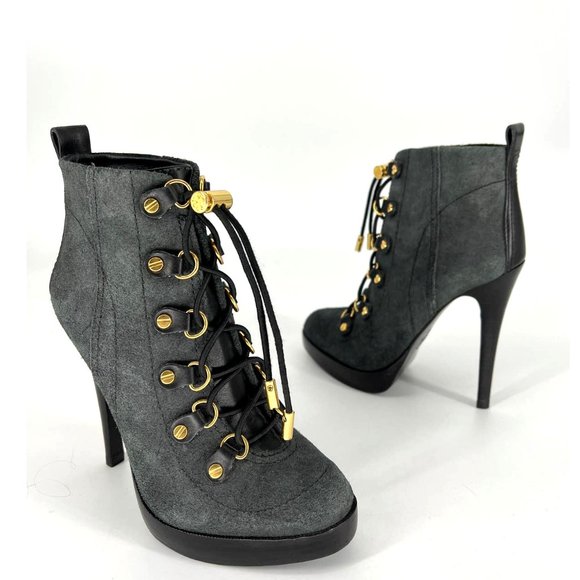 Tory Burch  Hamila Suede Lace-Up  Stiletto Gray Booties Ankle Boots 9 M - Picture 1 of 11